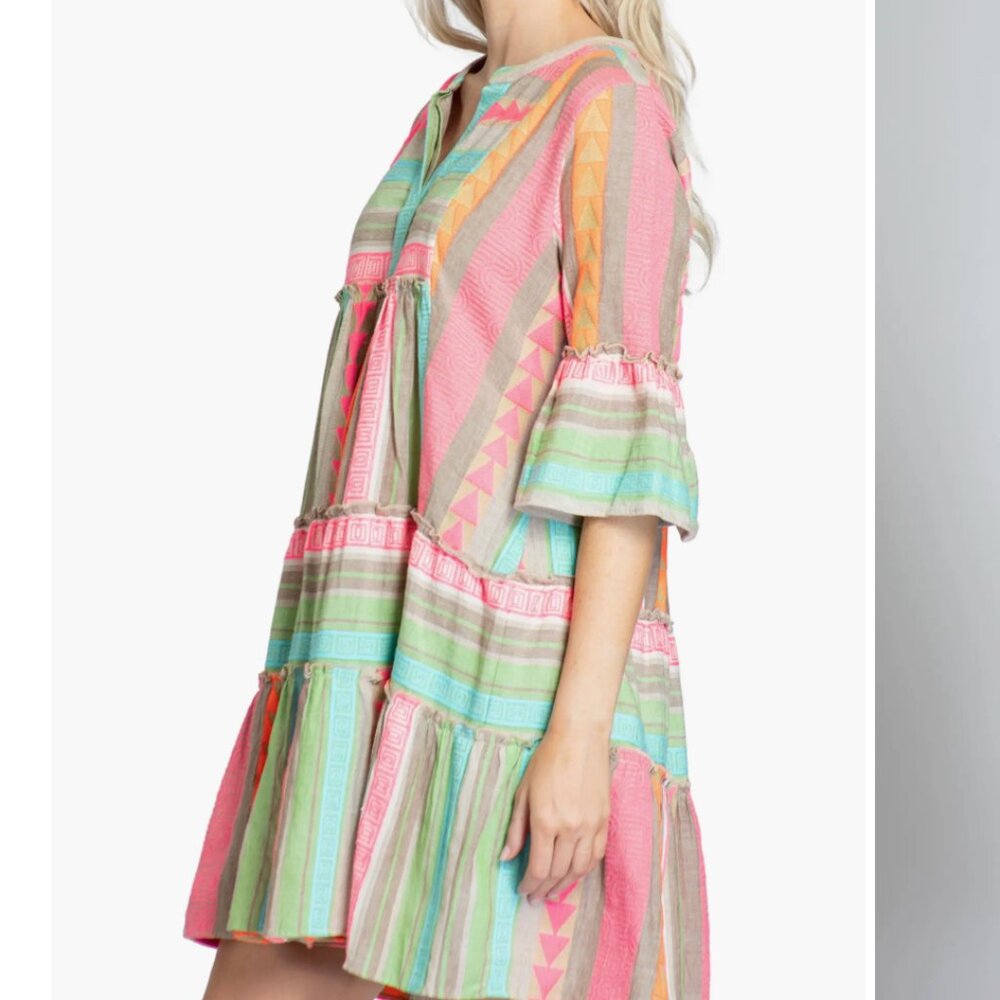 APNY Mixed Print Tiered Cotton Tunic Dress in Pink Multi Size M - Picture 5 of 14